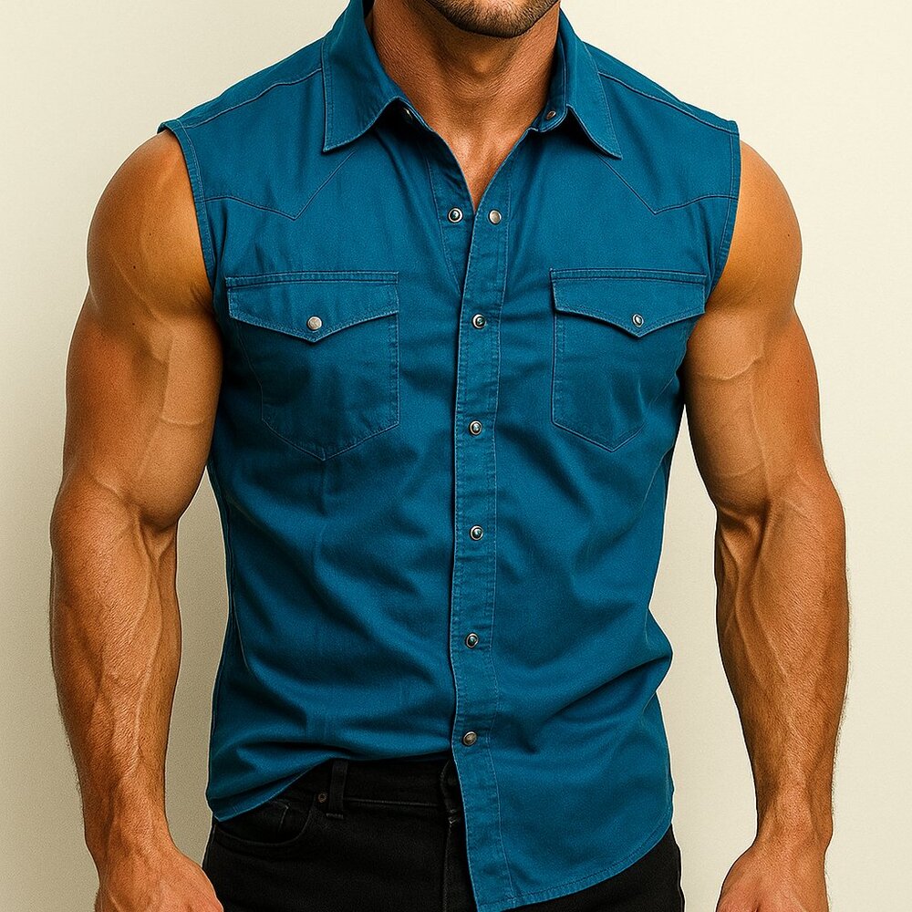 New Blue Western Button Front Sleeveless Top Cowboy Size XXL